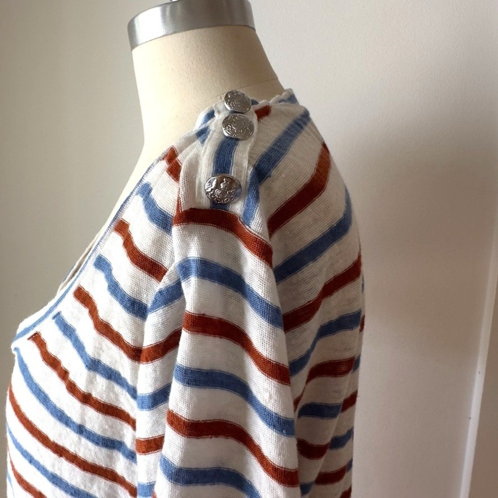 Veronica Beard Benji Striped 100% Linen Short Sleeve T-Shirt-Rust & Blue-Sz M - Picture 2 of 13